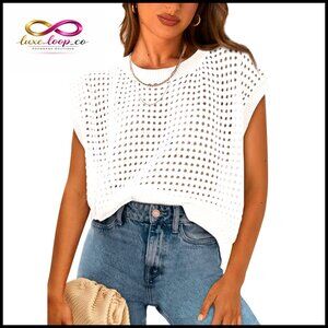 Crochet Cap Sleeve Pullover Sweater Top Loose Fit 100% Cotton Summer